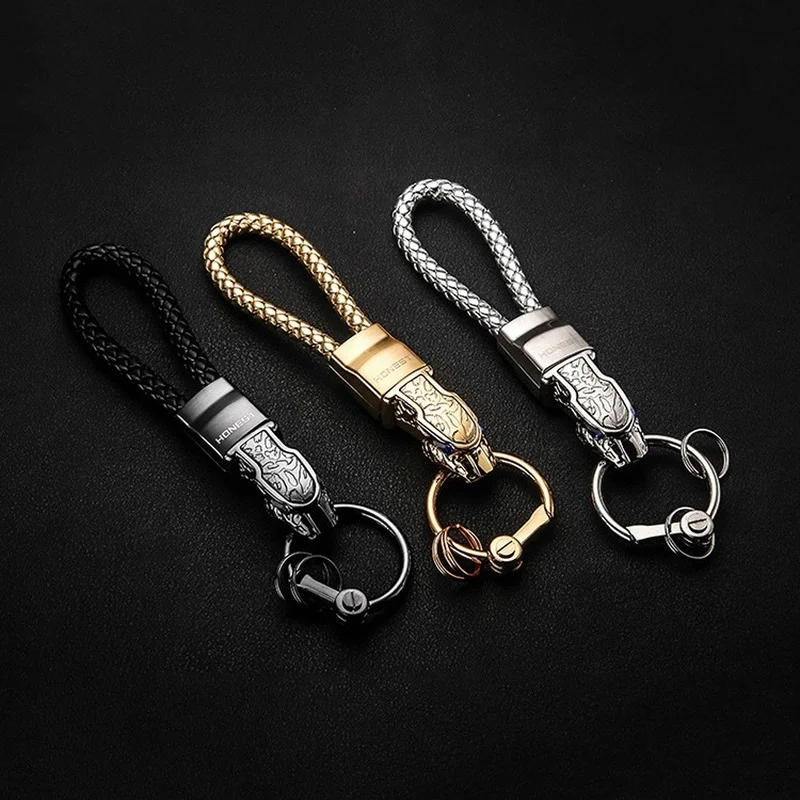 High-grade metal leopard head leather woven car keychain key ring chain horseshoe buckle car shape car accessories couple gifts