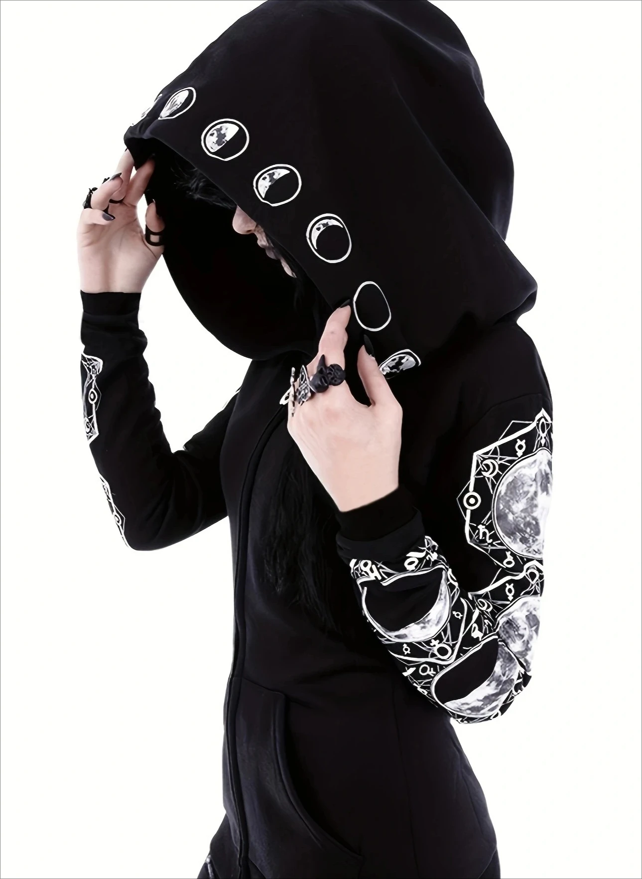 Y2K القوطية القمر الرمز البريدي هوديي المرأة كل موسم الجيب الأمامي مريح البوليستر مزيج نمط هندسي الشارع الشهير كم طويل