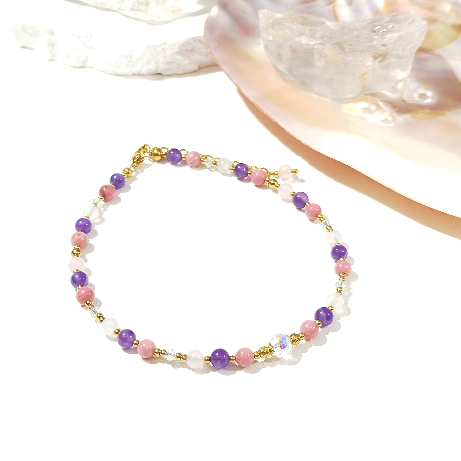 

Браслет на ногу Lii Ji из аметиста, розового кварца и родонита, 4 мм, 24+4 см, ручной работы, в стиле бохо, модные украшения для женщин