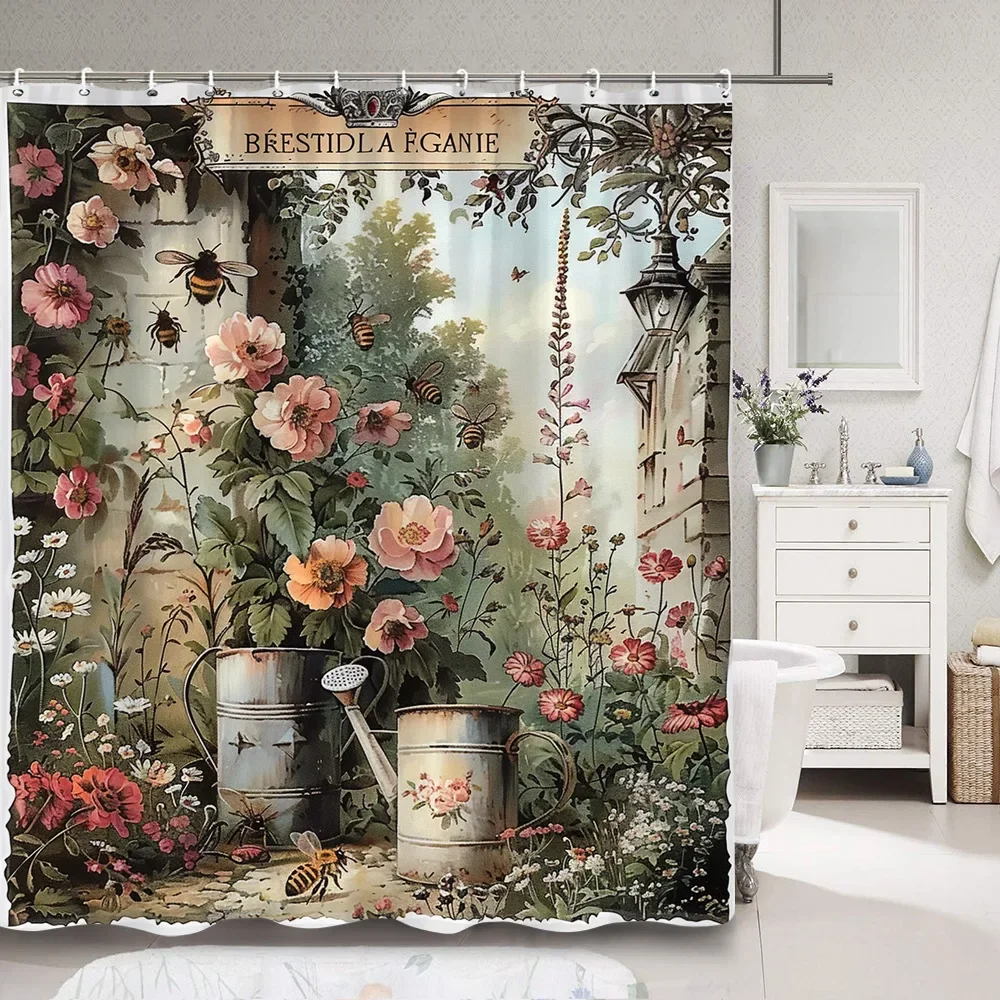 Vintage Floral Shower Curtain Rustic Country Farm Botanical Flower Bee Polyester Fabric Shower Curtain Bathroom Decor With Hooks