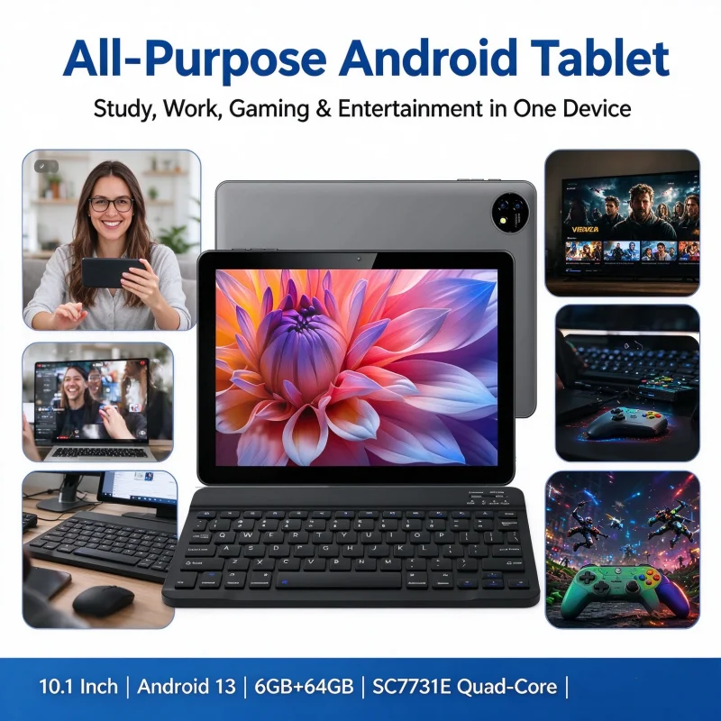 10.1인치 K11, 6GB RAM + 64GB ROM, 안드로이드 13 태블릿, CPU: SC7731E 쿼드 코어, Type-C USB, GPU: PowerVR GE8300, 듀얼 카메라, Wi-Fi 지원
