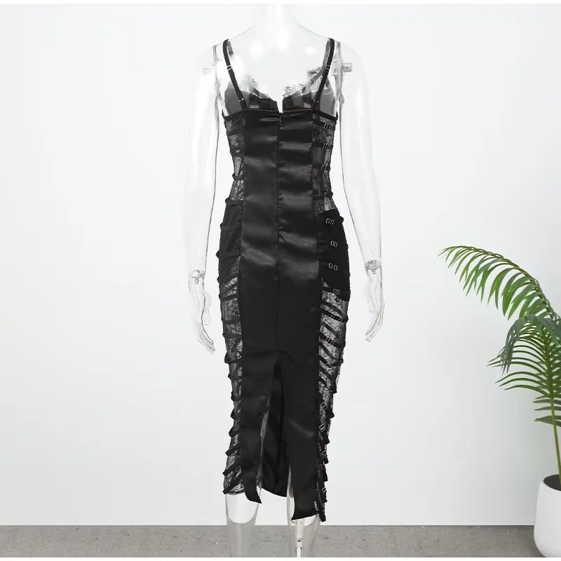 Damen Sexy Seitlich Transparentes Spitzenkleid Schwarze Schnalle Satin Mesh-Einsätze Midi-Kleid Stilvolles Damen Party Club Party Vestidos 2026 – Detail 3
