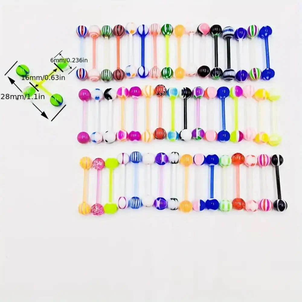 50pcs Mixed Color Soft Rod Acrylic Tongue Stud Ring Set