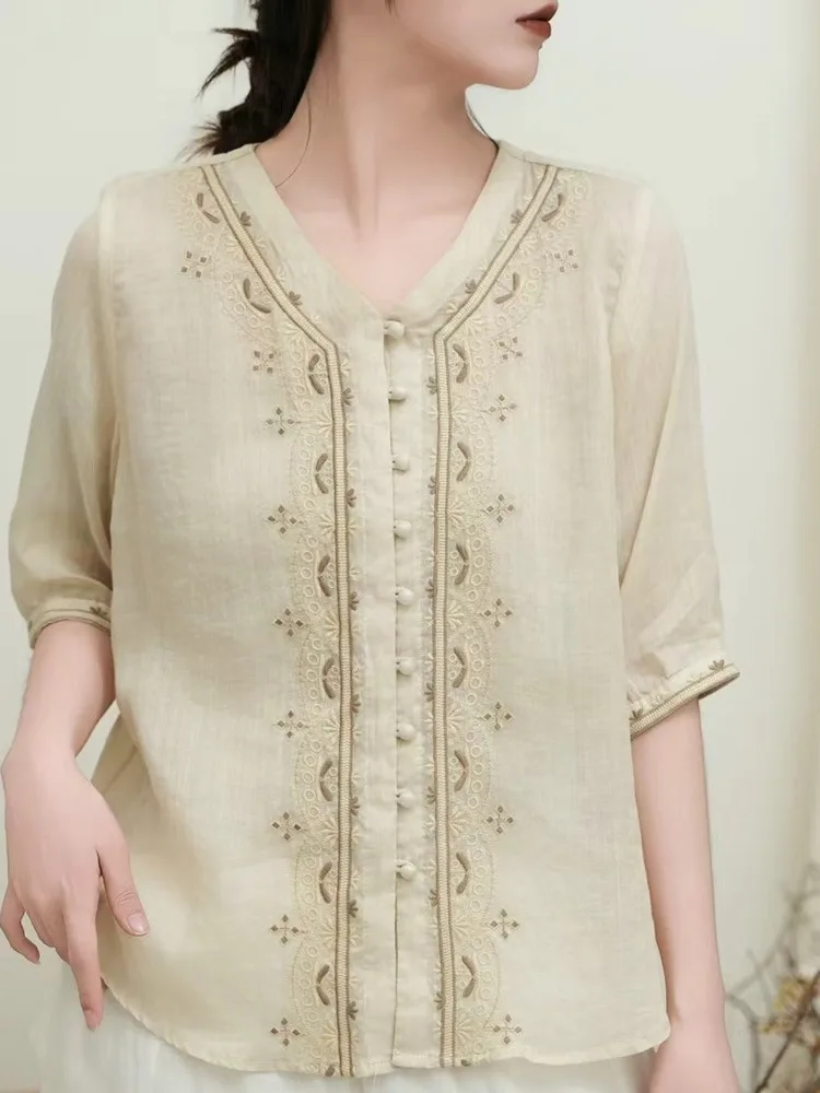 

Женский свободный утягивающий летний топ на пуговицах в стиле ретро из хлопка и льна с вышивкой V-ne f Sve irt