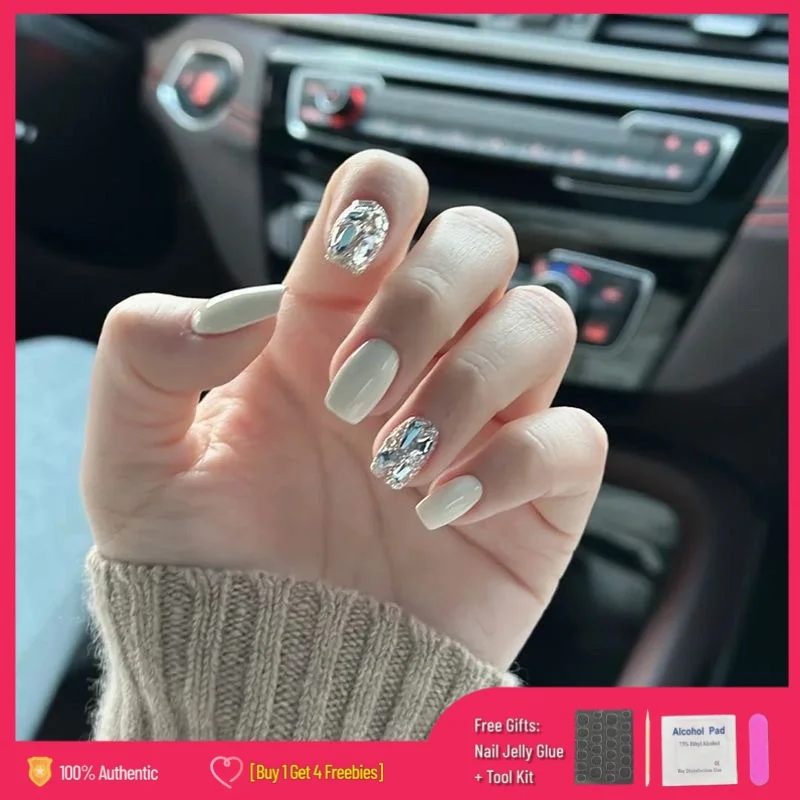 【Pegamento de gelatina gratis + regalo】 24 unids/set uñas postizas para decoración de uñas con diamantes brillo rosa plateado usando puntas de uñas postizas reutilizables