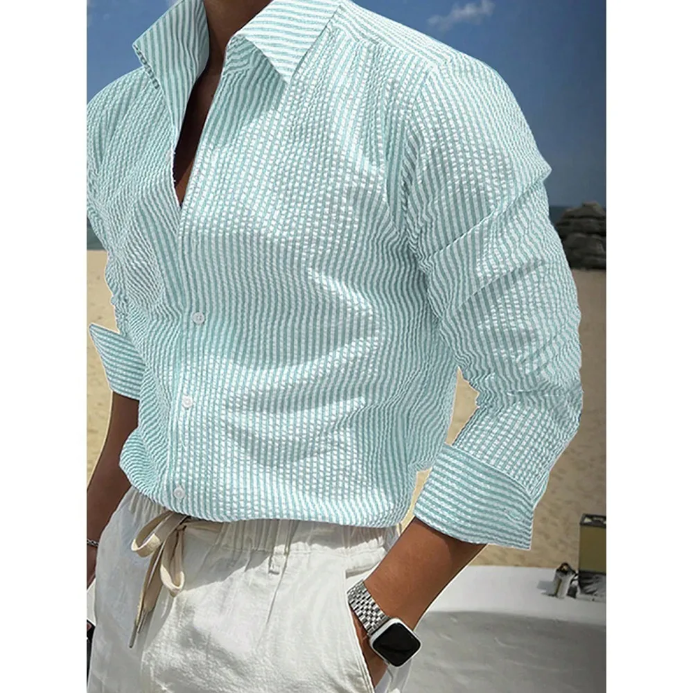 Vintage Striped Mens เสื้อลําลองแขนยาวเสื้อฤดูใบไม้ผลิฤดูร้อนชายหาด Buttoned Lapel Men Cardigans