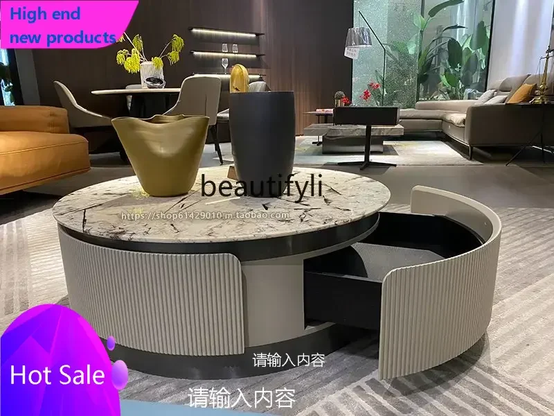 

C456 Italian light luxury natural marble small wave pattern baking paint living room drawer round coffee table