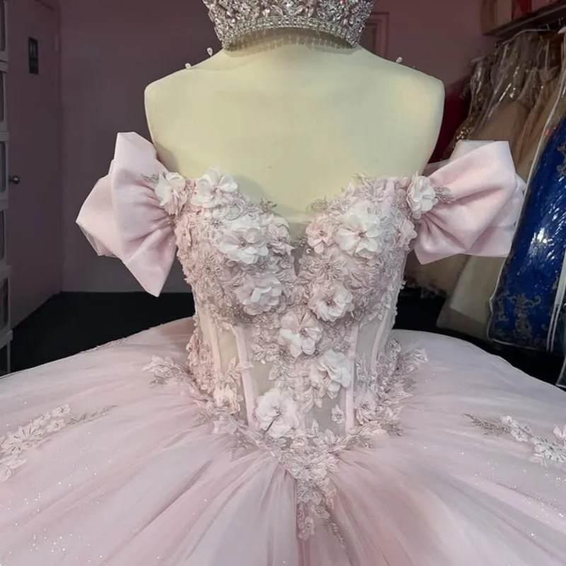 

Customized Pink Quinceanera Dresses Off the Shoulder sequin crystal applique 3D flower Tull Long tail Vestido 15 Quinceanera