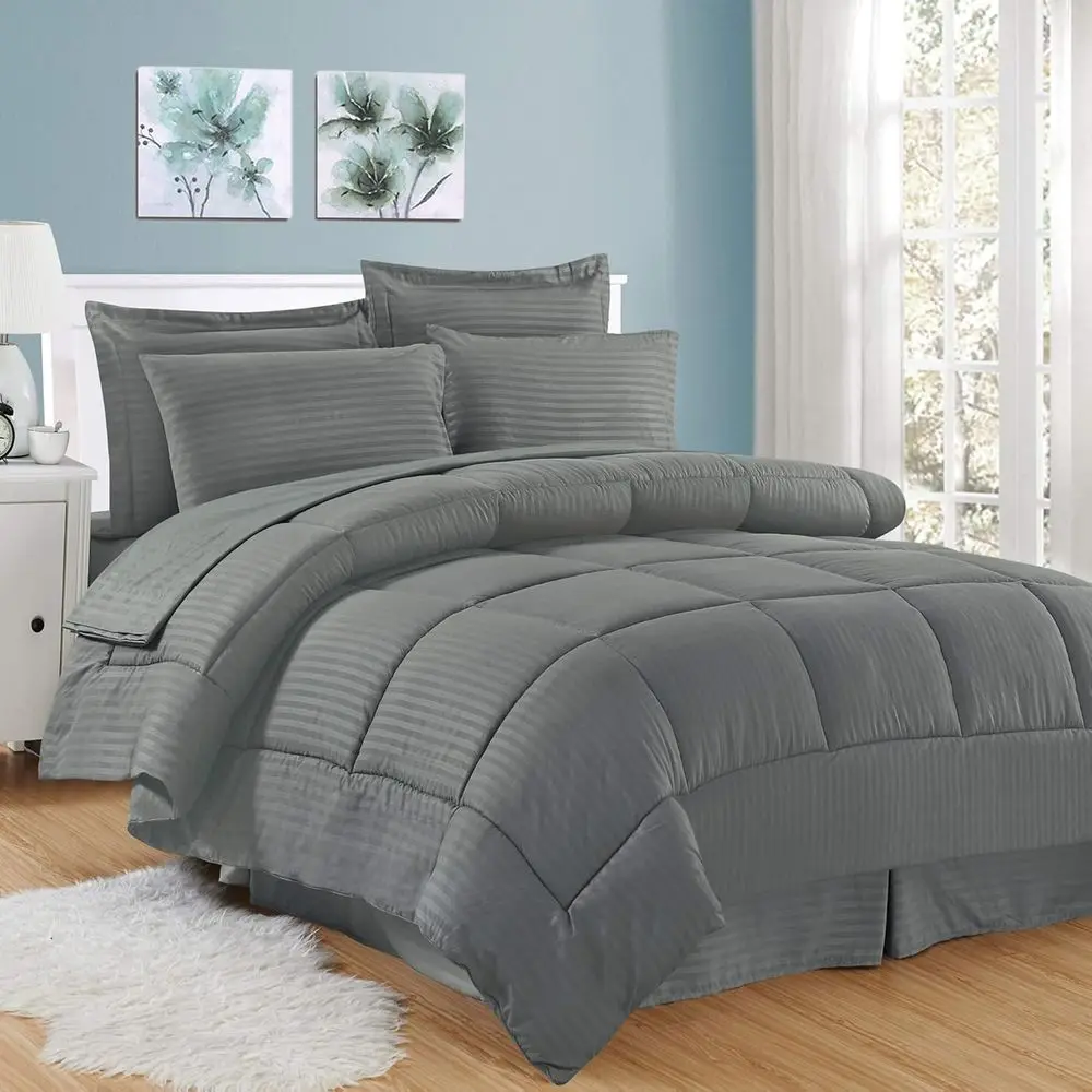 

King Gray Dobby Stripe Bedding Set with Comforter, Sheets, Skirt, and Shams
