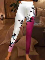 Patchwork floral print tight stretch elastic waist casual leggings for women