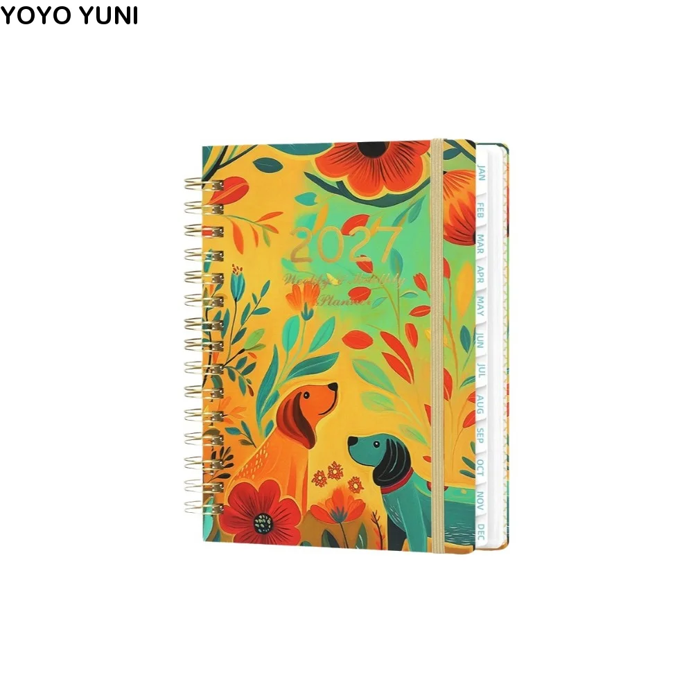 A5 2027 Planner Notebook Spiral Bound Weekly & Monthly Planner A5 Agenda Book with Monthly Tabs Inner Pocket Floral Pattern