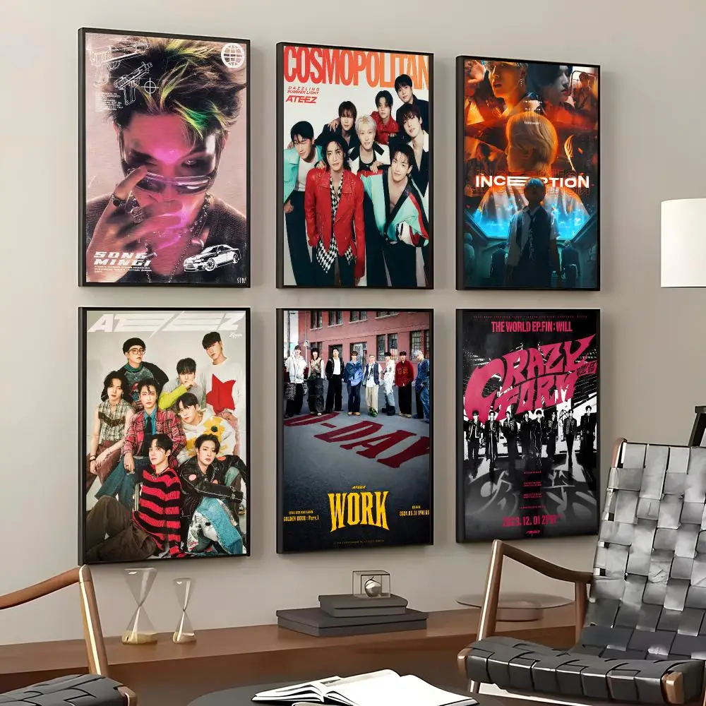 K-pop Group ATEEZ Poster Self-Adhesive Waterproof Wall Stickers, Coffee Bar Home Wall Decor