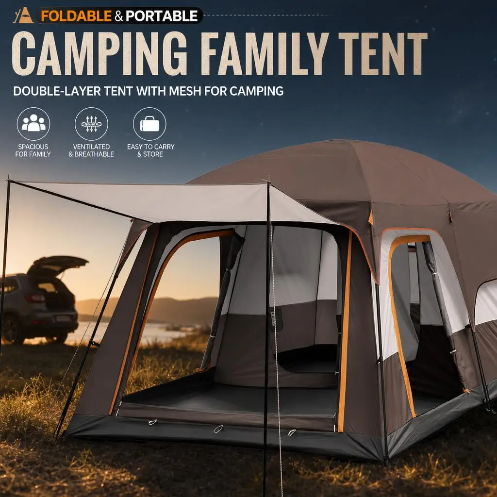 Campingzelt für den Außenbereich, faltbar und tragbar, großes Zelt mit doppelter Stoffschicht und Netzstoff, UV-beständig und wasserdicht, Familienzelt für Campingausflüge.