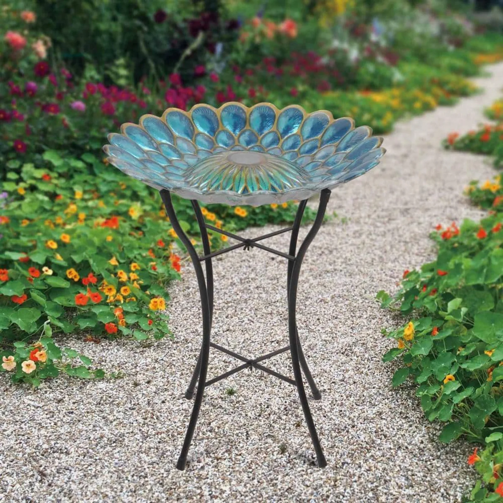 US 18 in. Glass Outdoor Flower Mosaic Fusion Solar Birdbath with LED Lights and Stand