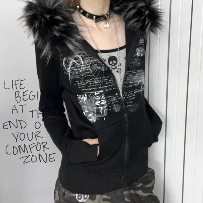 European and American Autumn and Winter Fur Collar Rhinestone Personality Vintage Zipper Coat Slimming Sweatshirt Y2k Style