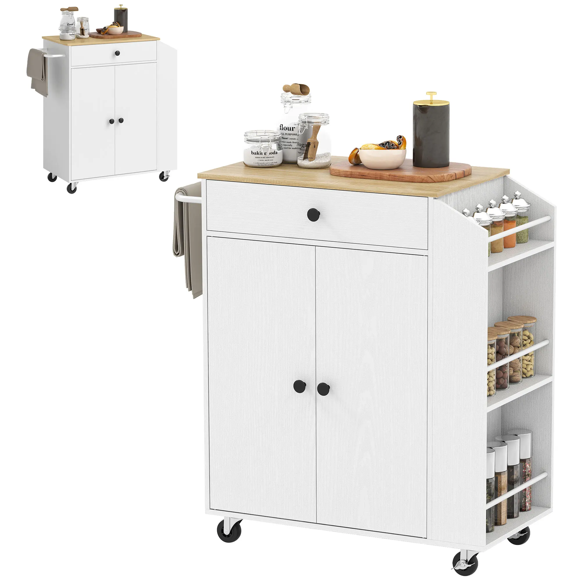 HOMCOM Isola centrale per cucina mobile con ripiano regolabile e cassetti, armadio a due ante 82 x 38 x 86,5 cm bianco