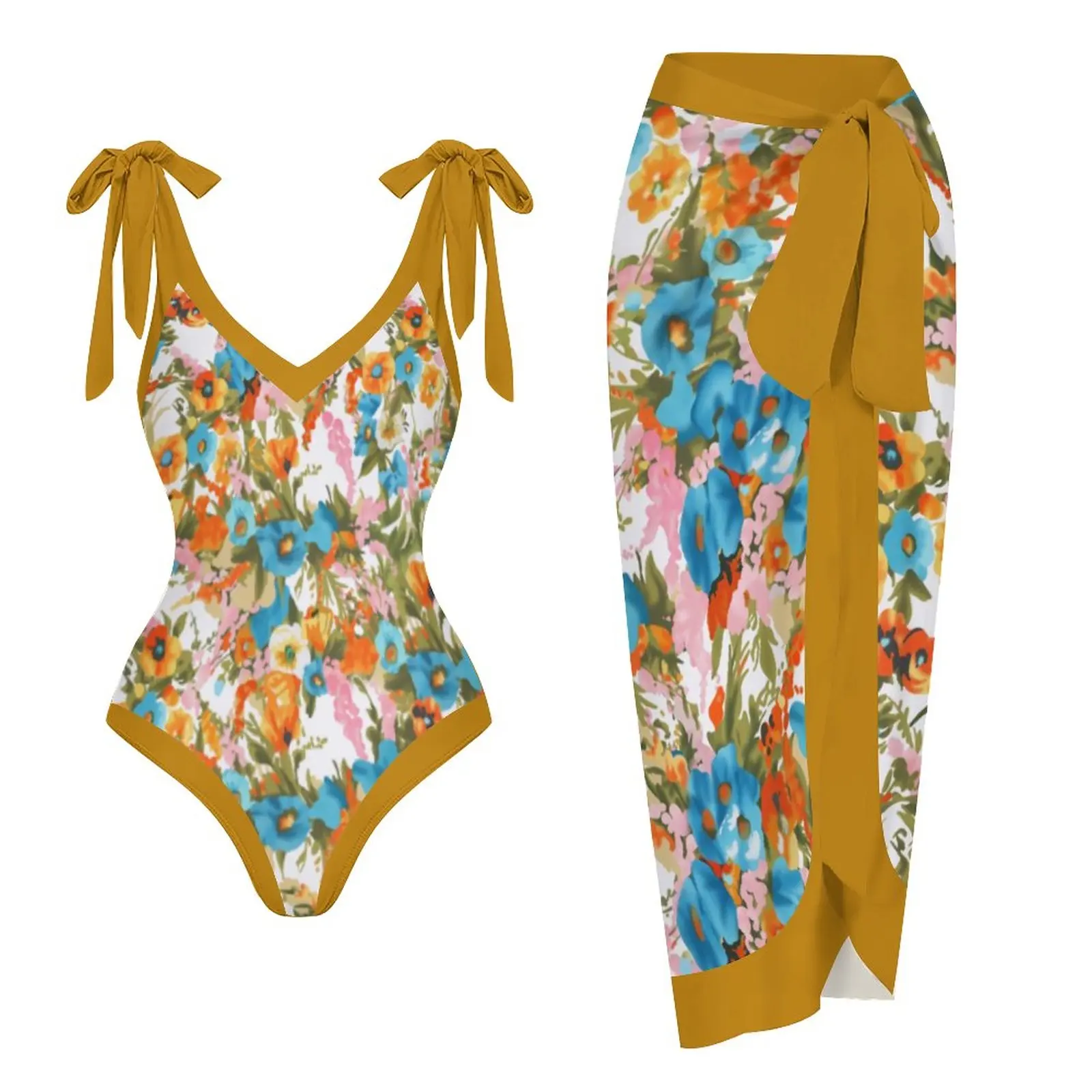 

Female Retro Yellow Swimsuit 2 Piece Printed Swimwear Asymmetrical Holiday Beach Dress Off-the-shoulder Designer Bathing Suit