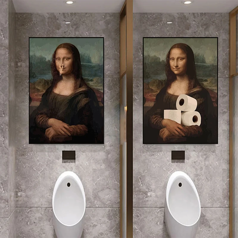 Funny Bathroom Toilet Decoration Painting Mona Lisa Wearing Pearls Girl with Roll Paper Canvas Prints Posters Home Wall Decor