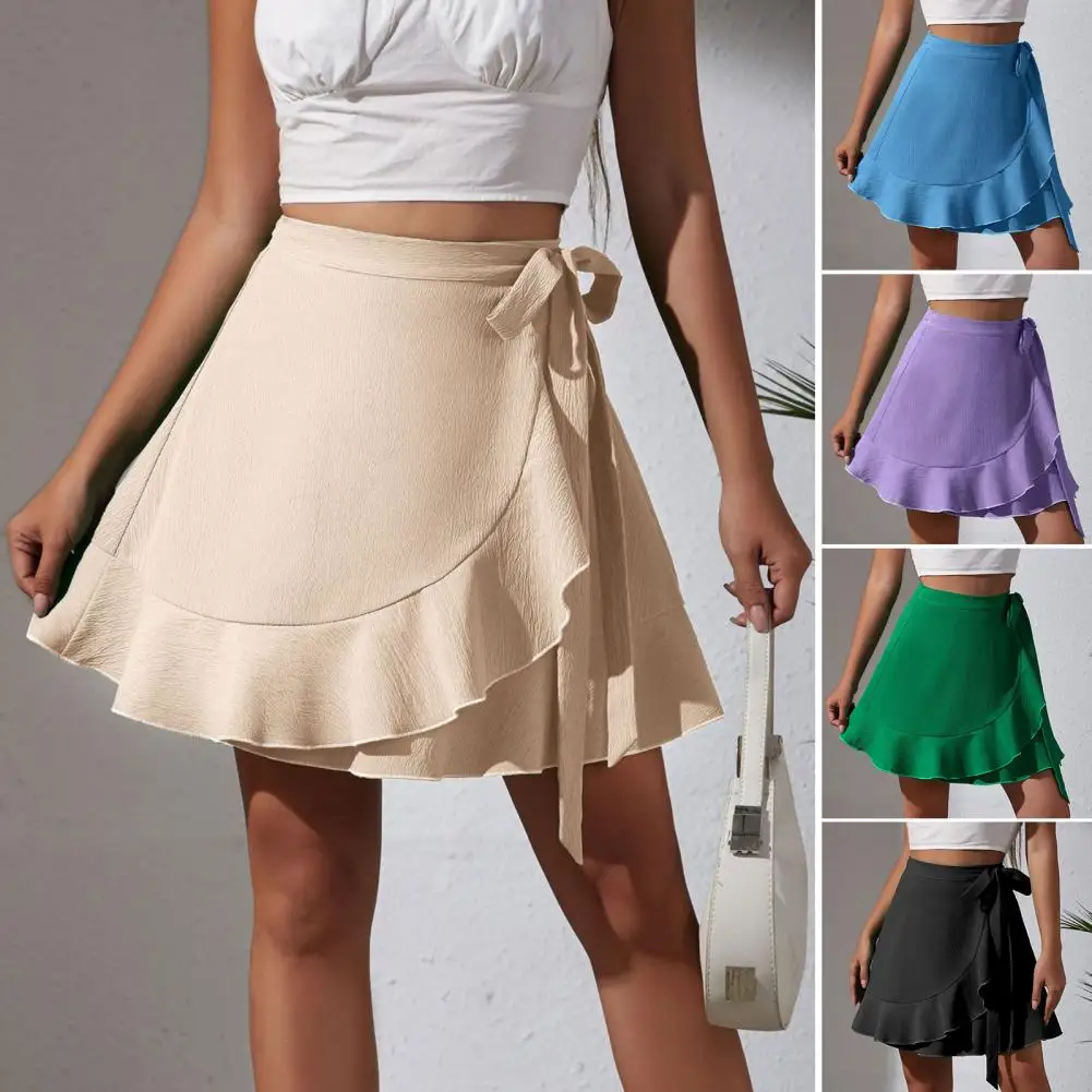 Women Mini Skirt Lace Up Ruffles Bow-knot High Waist Chiffon Short Skirt Solid Color Casual Comfy Fashion Versatile 2024