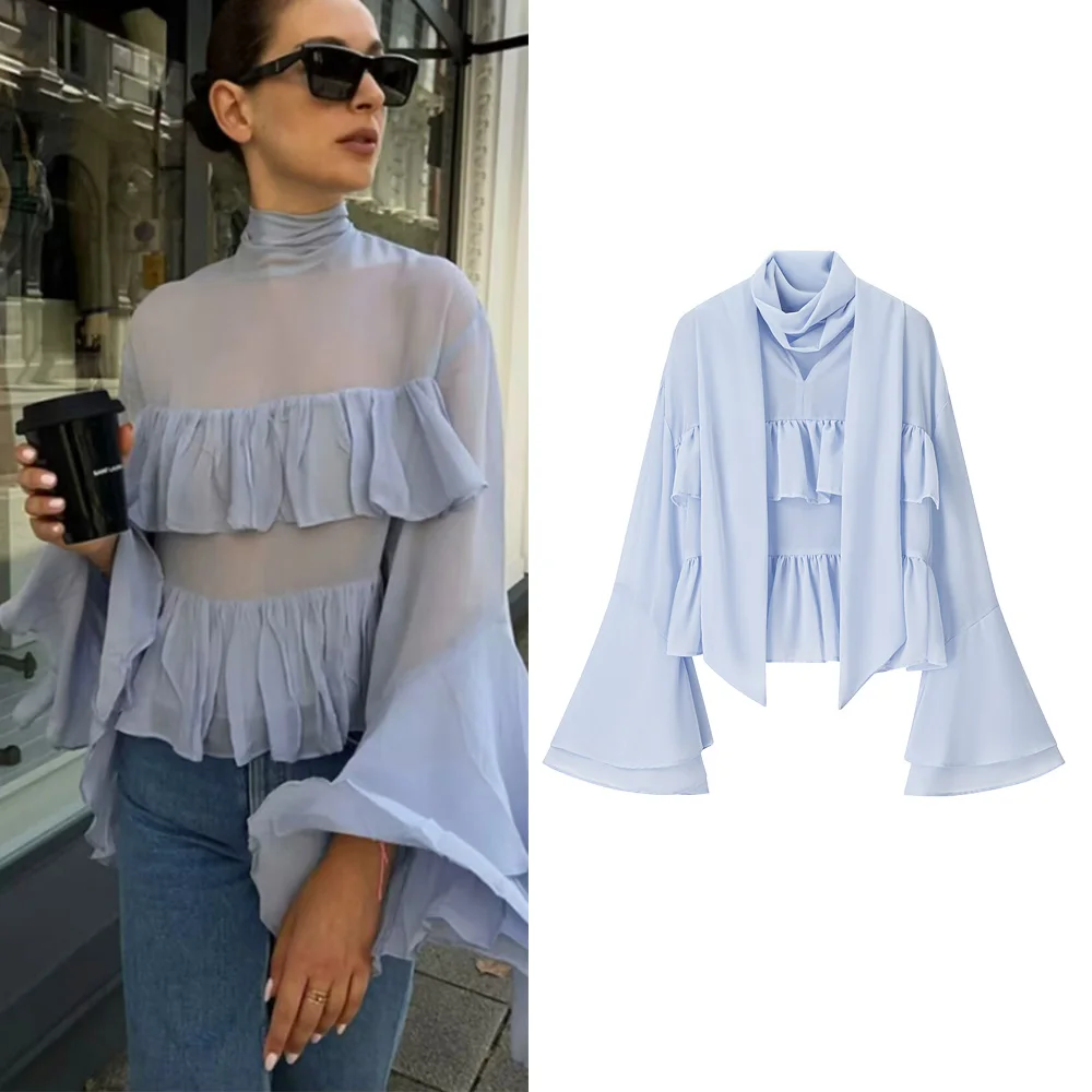 

2025 Women's Vintage Translucent Loose Flare Sleeve Ruffles Tierred Shirts Lady Elegant Blue Chiffon High Street Layered Blouses
