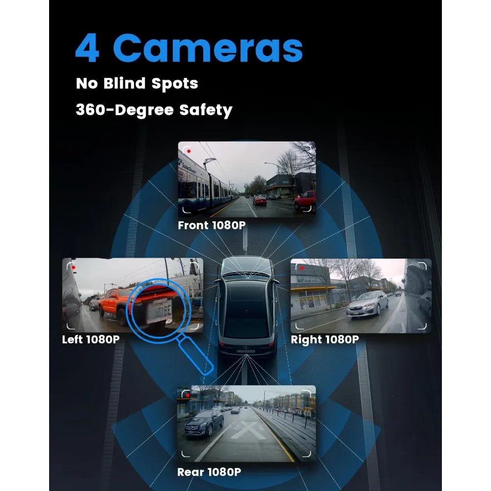 كاميرا Sprleaf ذات 4 قنوات مع كاميرات أمامية وخلفية، 360 درجة °   Dashcam، بطاقة 128 جيجابايت متضمنة، 5G Wi-Fi والتحكم في التطبيقات، رؤية ليلية