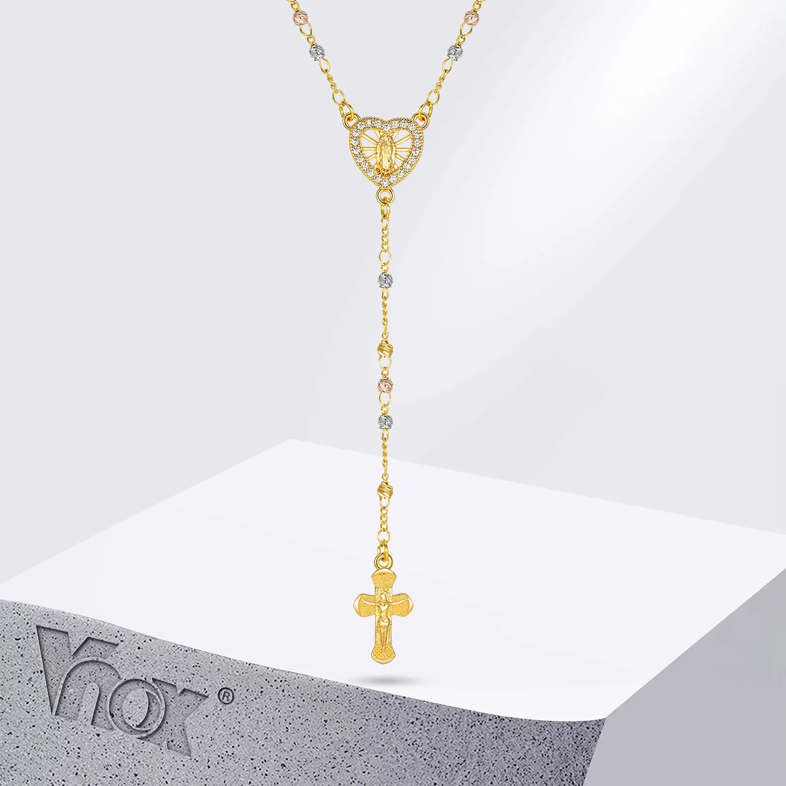 Vnox Virgin Mary Heart Rosary Necklaces for Women Men, Gold Plated Cross Prayer Collar, Long Sweater Chain Necklace