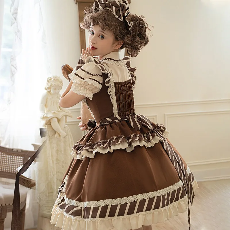 Robe à bretelles Lolita Jsk pour femme, dentelle douce, volants, nœud gothique victorien, robe de princesse française, chocolat sucré