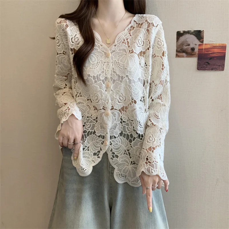 Boring Honey Plus Size Lace Crochet Hollow Out V-neck Long-sleeved Shirt Women's Fashionable Versatile Elegant Age-reducing Top