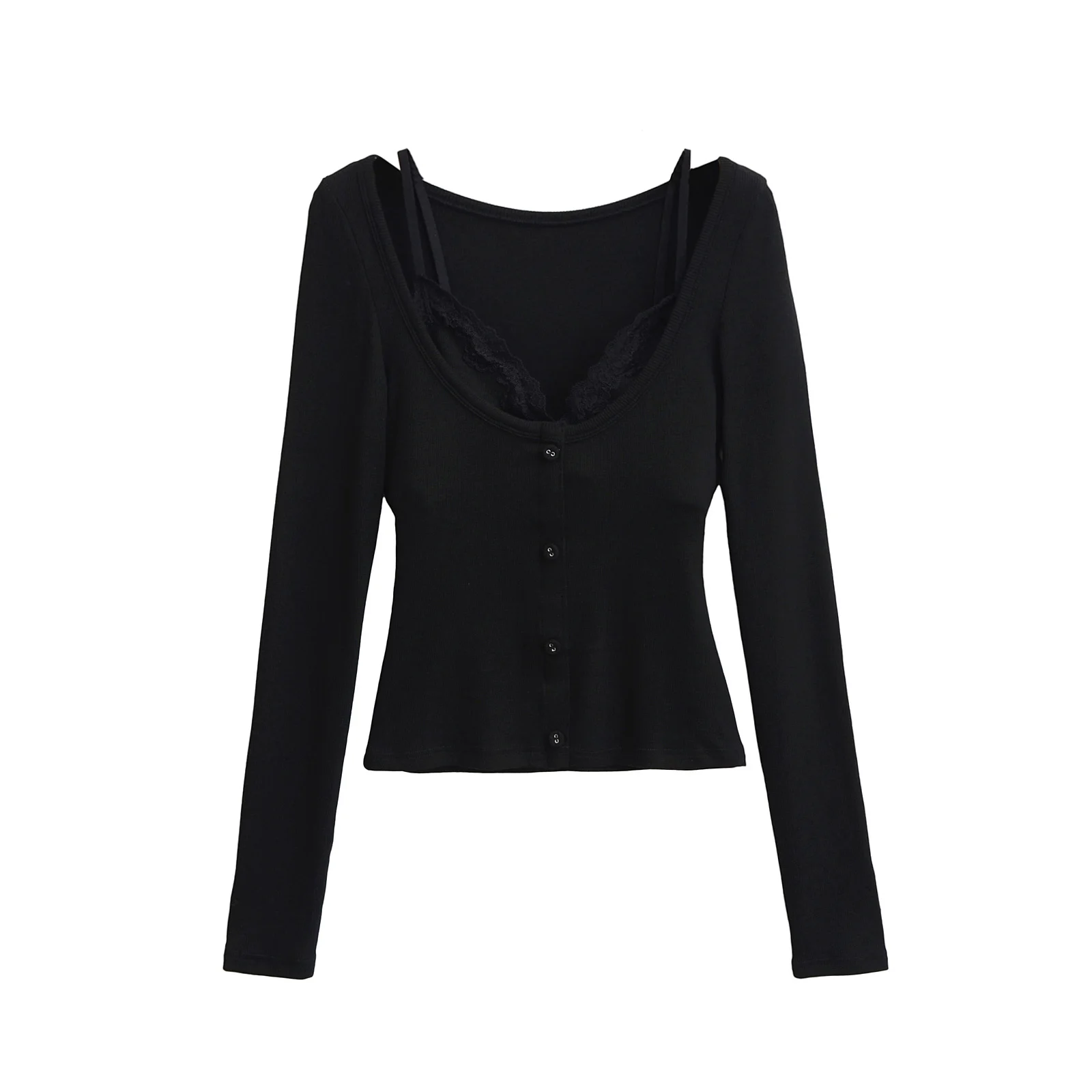 Kardaian Sexy Lace Trim Long Sve round Ne Base irt Pure Desire Slim Fit Two Piece Set T irt for Women Spring Sle