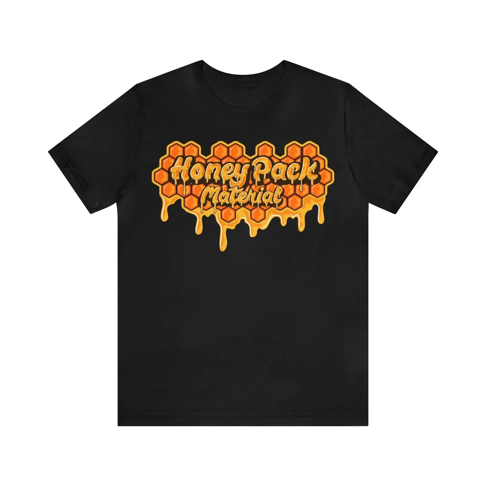 May include Black t shirt with a graphic of honeycomb dripping honey and the text Pack Material in yellow vintage Washed