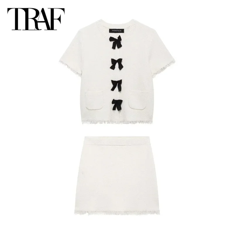 

TRAF Knit Bow Skirt 2 Pieces Set 2025 Women's Elegant Knitted Short Cardigan Mini Skirts Fashion Casual Party Skirt Set Outfit