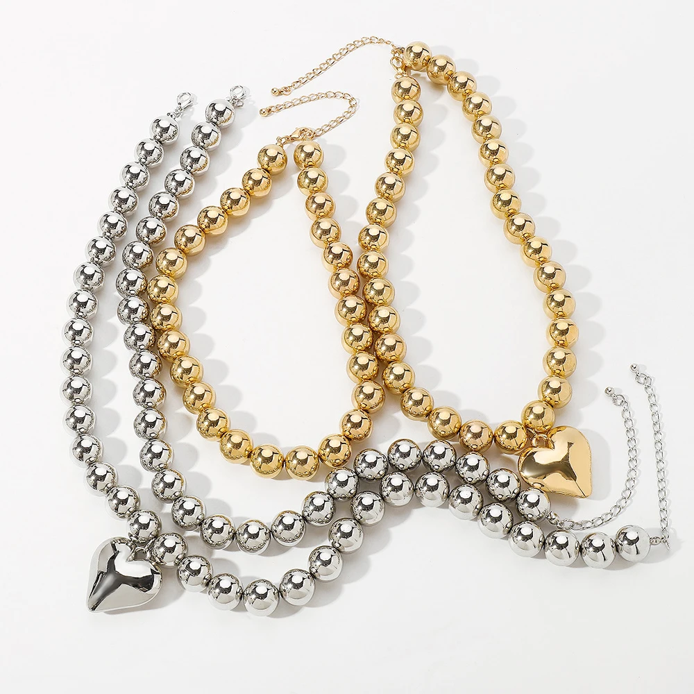 CCB Ball Beaded Chain Heart Pendant Necklace Women Punk Party Wedding Fashion Double Layer Choker Jewelry Gift for Cool Girls