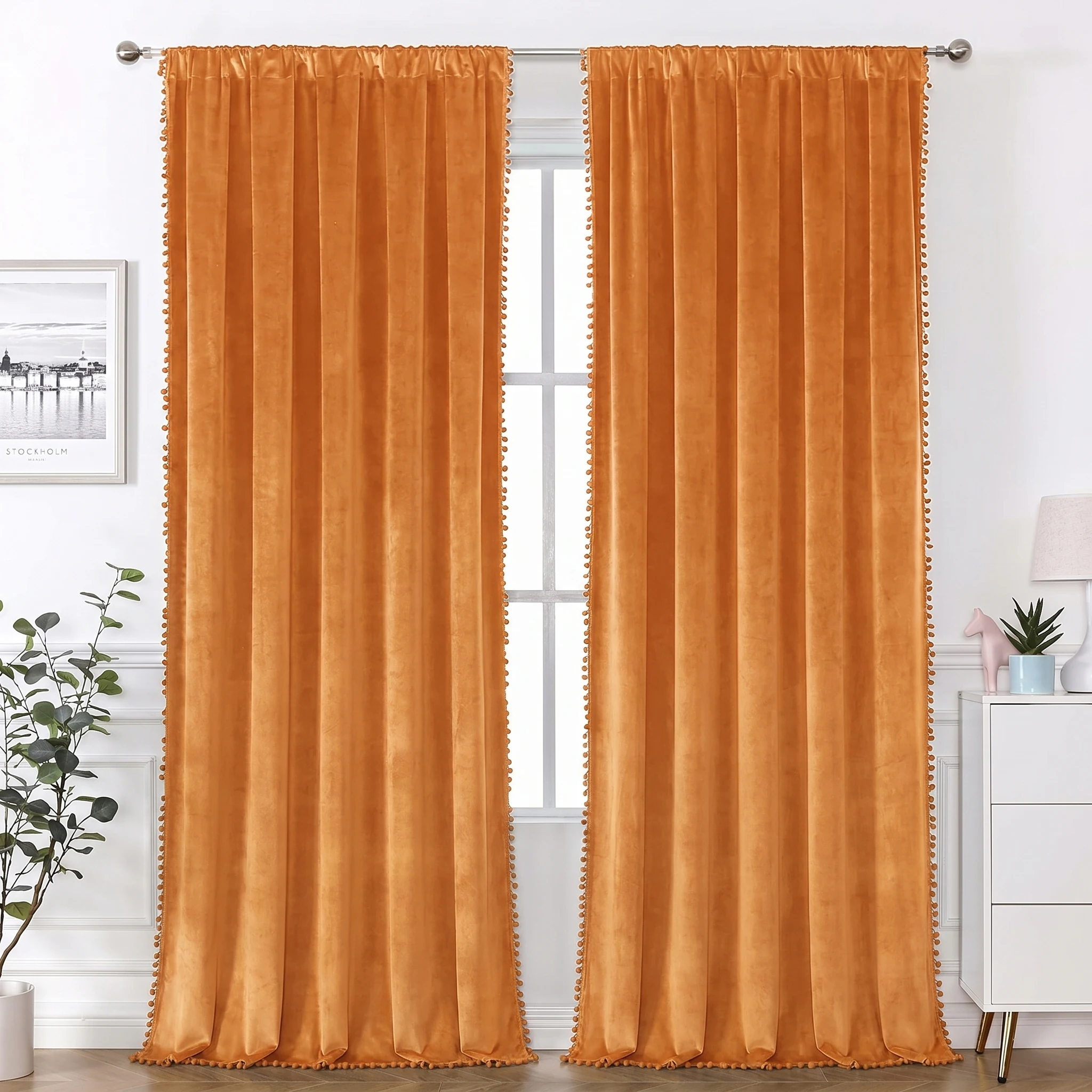 1 Piece, Available in Multiple Colors: White / Navy Blue / Orange / Emerald Green / Brown / Red. Fashionable and Luxurious Velvet Curtain with Pom-Pom Fringe, Rod-Top Design, Soft and Thick, Drapes Smoothly, Soundproof and Heat-Insulating, Protects Privacy. Made of Polyester, Washable, Suitable for All Seasons, Suitable for Kitchen, Bedroom, Living Room, Office. Does Not Include Ropes and Accessories view 3