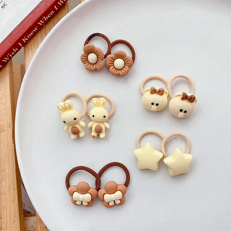 10pcs Girls Coffee Beige Small Size Scrunchie Children Cute Cartoon Elastic Hair Bands Headwear for Kids Baby Hair Accessories