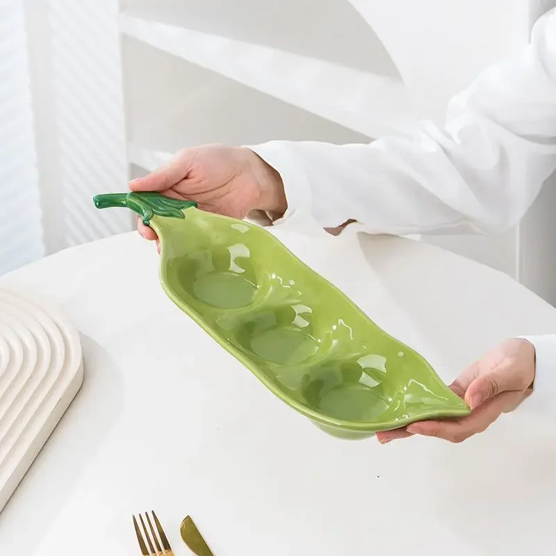 Ceramic Simulation Pea Corner Disc Living Room Nut Plate Three Grid Sushi Dim Sum Plate Vegetable Shapes Kitchen Utensils