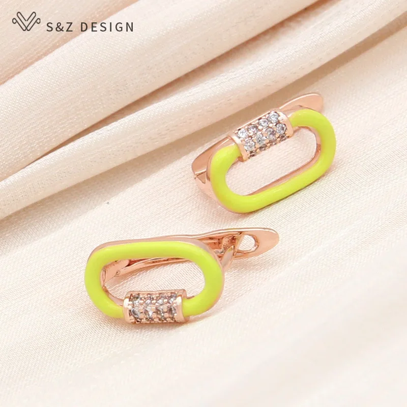 S&Z DESIGN New Fashion Annular Egg Shape 585 Rose Gold Color Enamel Drop Earrings For Women Jewelry Cubic Zirconia Eardrop