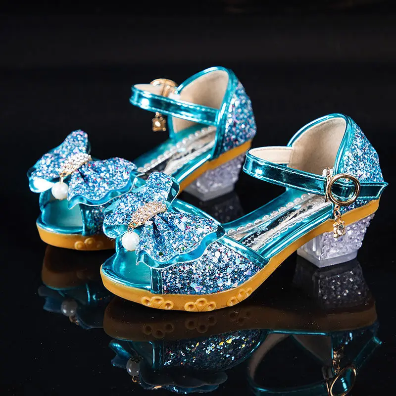 Girls Sandals Summer 2021  New Children\'s Princess Shoes Little Girls High-heeled Bow-knot Crystal Sandals Party Dress Wedding