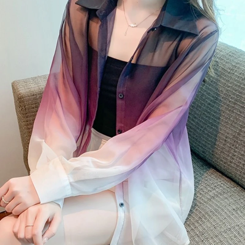 

Female Tie Dye Color Sunscreen Chiffon Shirts Women Perspective Shirts Long Sleeve Loose Womens Tops and Blouses Cardigan Q137