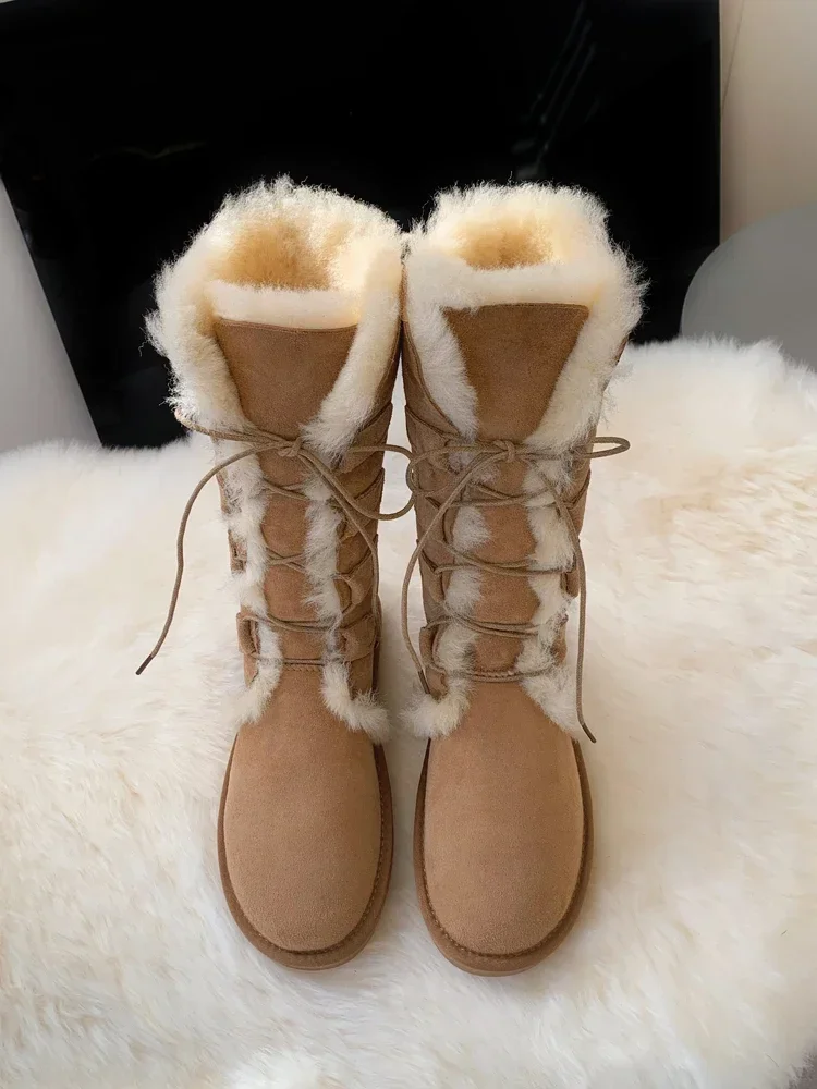 High tube snow boots woman new winter sheepskin wool anti slip long boots thick cotton fur women's shoes