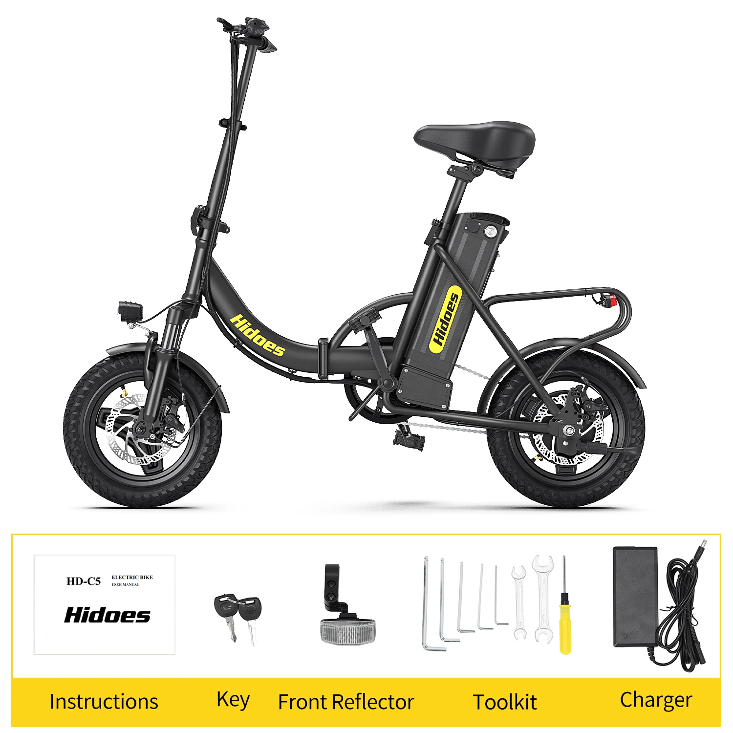 Hidoes C5 Elektrische Fiets 350W 36V 10.4Ah, 14 Inch Opvouwbare E-Bike, Elektrische Stadsfiets voor Volwassenen, Lithium Batterij, Compacte Opvouwbare E-Bike voor woon-werkverkeer, reizen en dagelijks