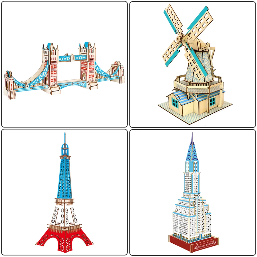 3D Wooden Puzzle Eiffel Tower Bridge DIY Building Model Harvard University of Cambridge Wood Jigsaw Toys For Children Kids Gift