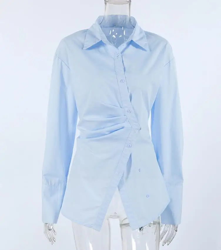 

Autumn Women's Clothing Pure Cotton Design Niche Trend Fashionable Slim Fit Waist Cinched Hem Slit Shirt for Women