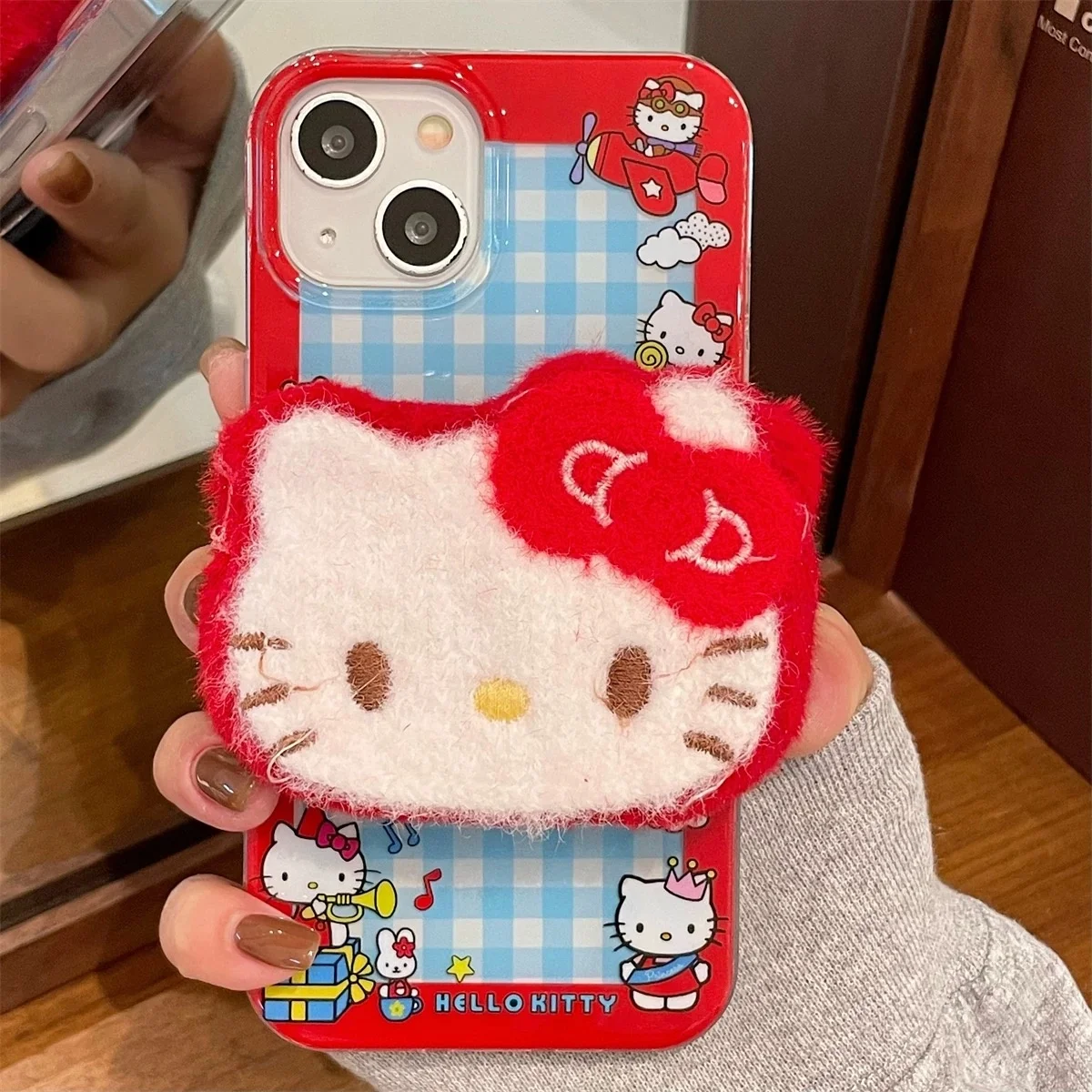 Cute Cartoon Lattice Aircraft Bear Hello Kitty Shake Holder Phone Case For iPhone 13 14 15 16Pro Max Plush Fur Kitty Furry Stand