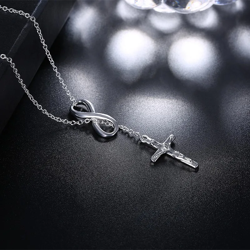 New Stylish 925 Silver Needle Cross Pendant Infinity Symbol Long Link Chain Fashion Necklace Pendant Women Popular Jewelry