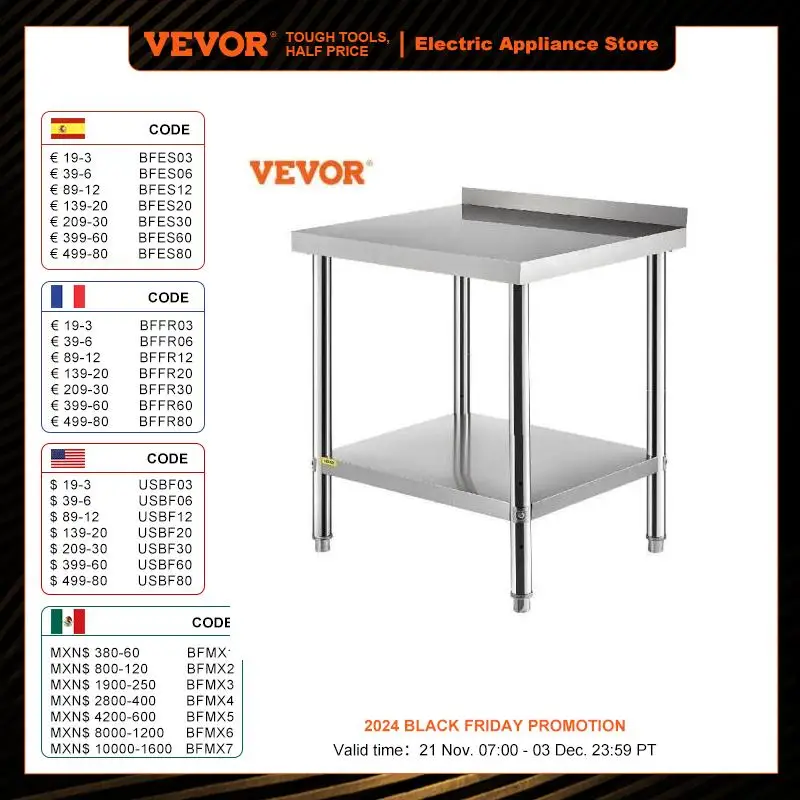 VEVOR 30 x 24 x 35/36 x 24 x 35 Inch Stainless Steel Prep Table 440lbs Load Capacity with Backsplash and Adjustable Undershelf