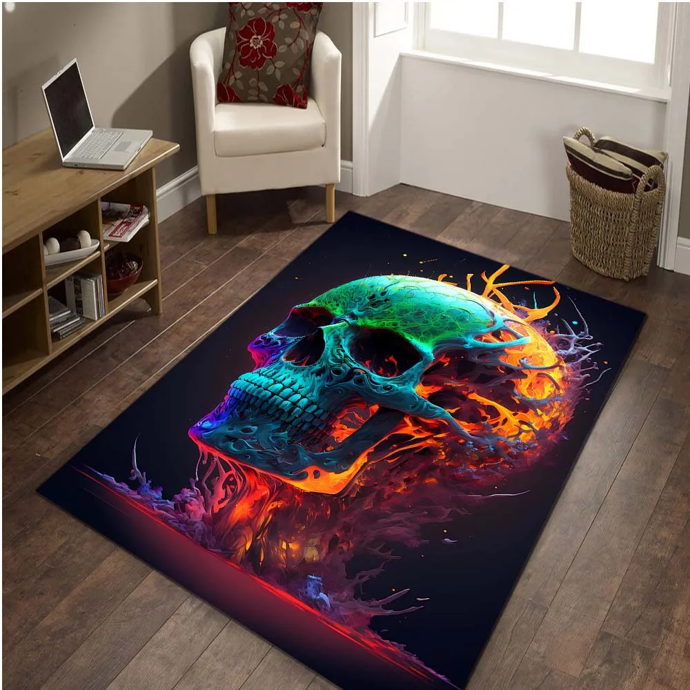 2D Flat Rainbow Flame Skull Neon Glow Black Background Flannel Area Rug Non Slip Gothic Art Carpet For Living Room Bedroom Floor