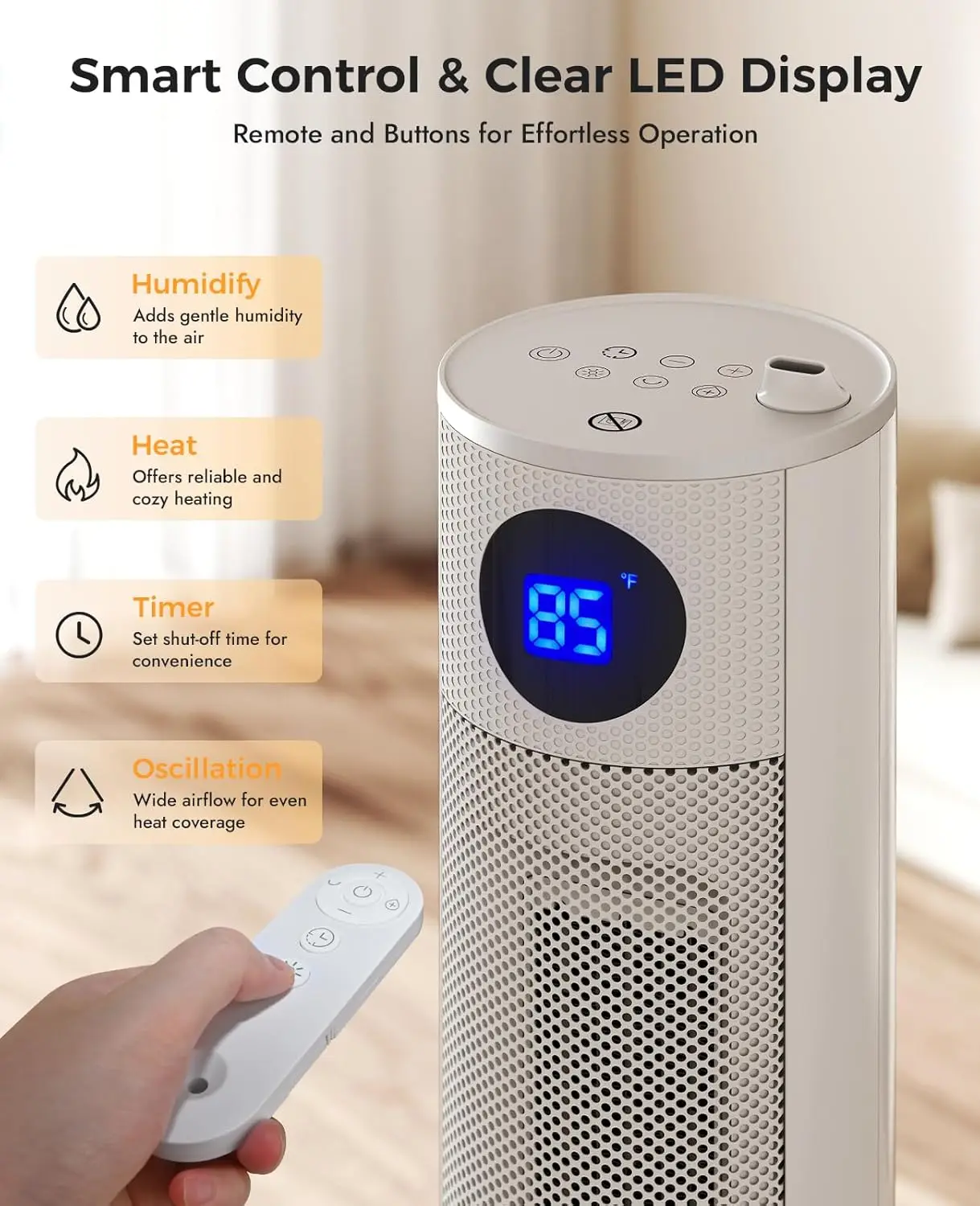 سخان مساحة محمول مع مرطب، وجهاز تحكم عن بعد، و3 أوضاع للحرارة، ومؤقت وميزات أمان