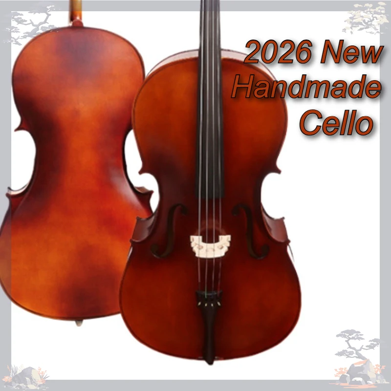 Full Size 4/4 3/4 1/2 1/4 2026 New Handmade Cello Professional Beginner BASSWOOD Panel with Cello Bag Cello Bow Parts