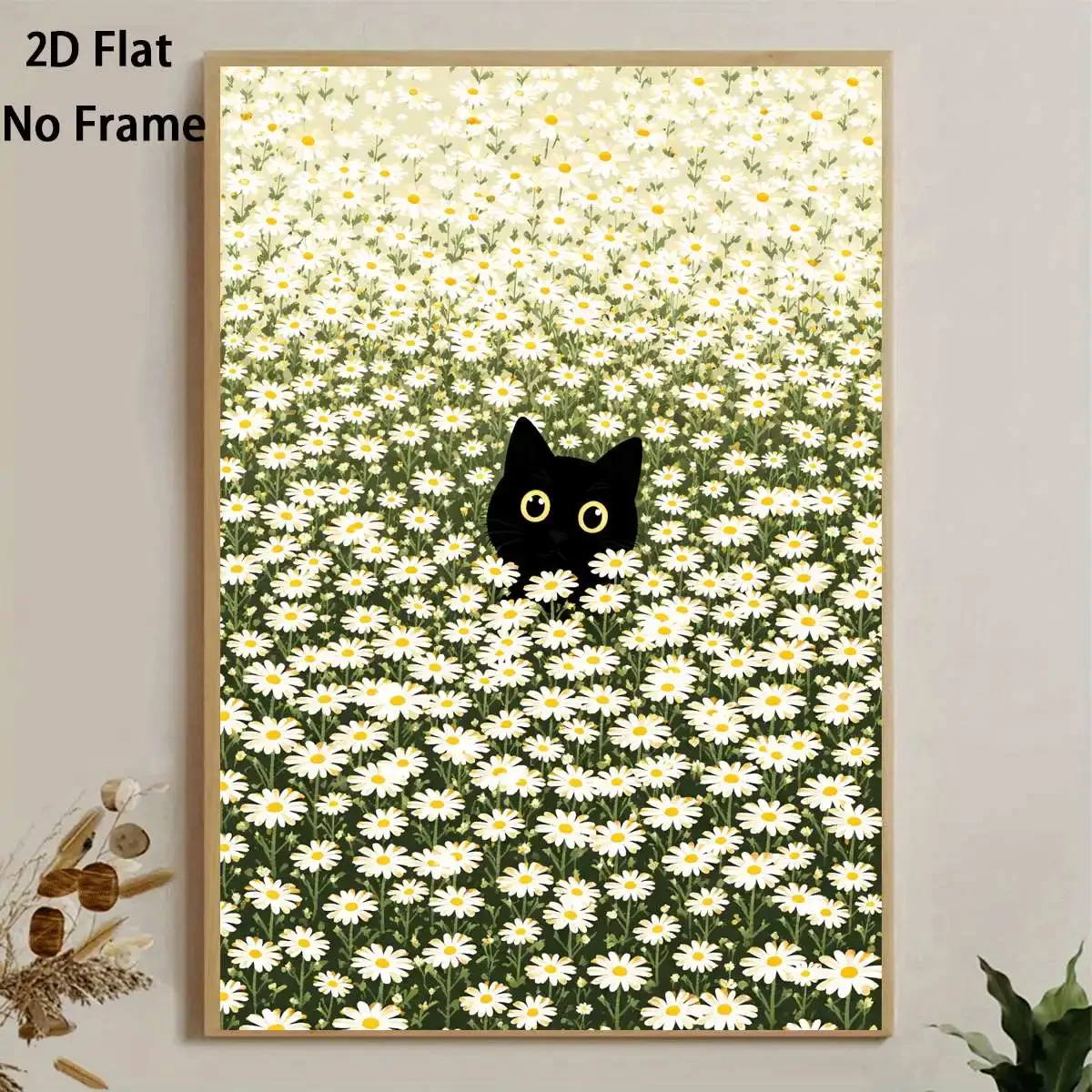 1pc frameless canvas painting Cute Floral Bathroom Wall Art,Black Cat Hiding In White Daisy Flowers Print,Dark Green Cottagecore