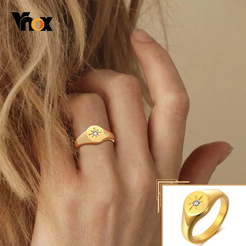 Vnox Star Stamp Ring for Women, Gold Color Stainless Steel Signet Round Top Ring with AAA CZ Stone, Chic Minimalist Heavy Ring